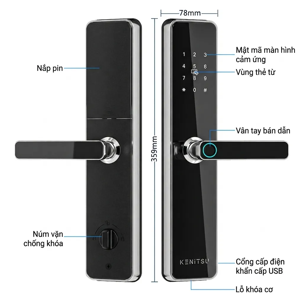 Cấu tạo chi tiết khóa cửa inox mở bằng vân tay. Khóa cửa inox mở bằng vân tay với cấu tạo chi tiết bao gồm màn hình cảm ứng, vùng thẻ từ, cảm biến vân tay bán dẫn và cổng cấp điện khẩn cấp.