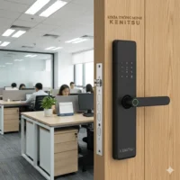 Khóa điện tử vân tay lắp đặt cho cửa gỗ văn phòng hiện đại với thiết kế tay gạt sang trọng.
