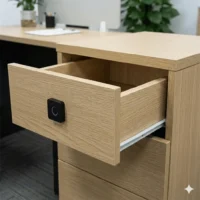 Khóa ngăn kéo thông minh lắp đặt trên tủ gỗ văn phòng giúp bảo mật tài liệu an toàn.