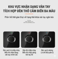 Đèn LED cảm biến ba màu hiển thị trạng thái nhận diện vân tay trên khóa tủ hồ sơ mini.