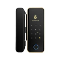 Khóa cửa vân tay cho cửa kính cường lực với thiết kế màu đen viền vàng sang trọng.