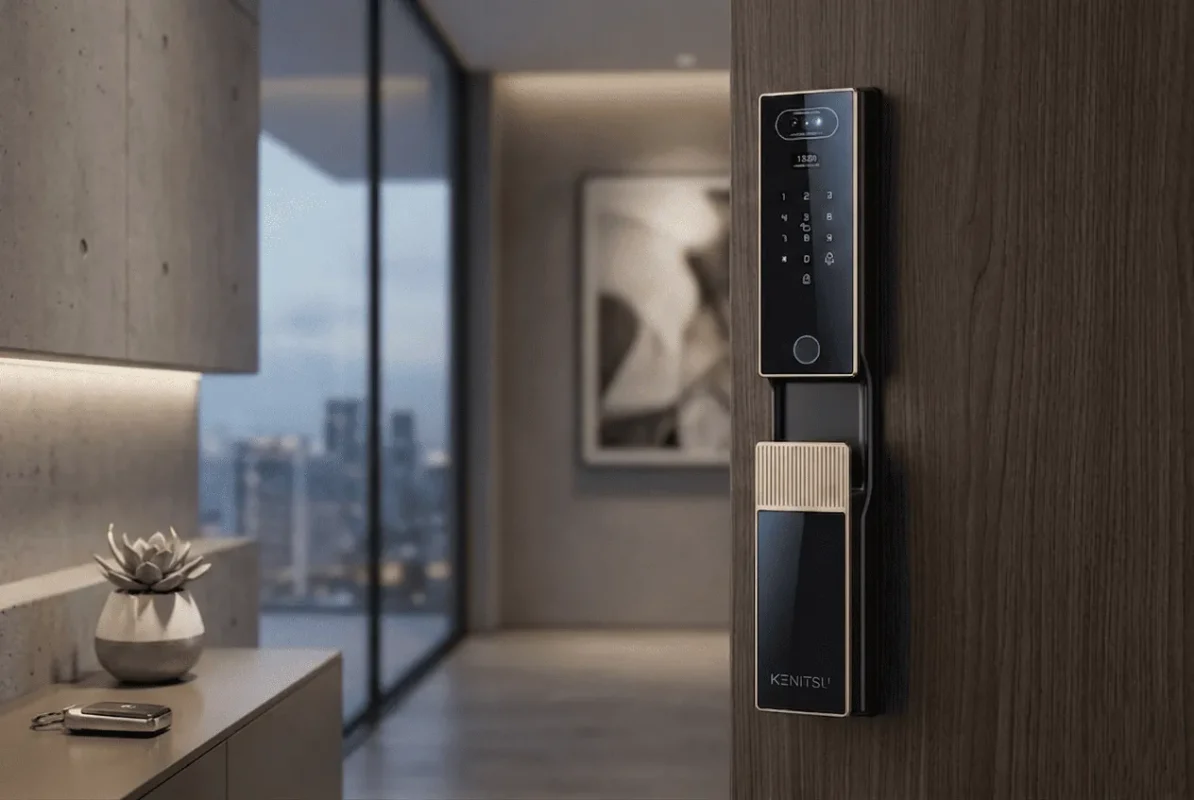 Banner lắp đặt khóa cửa nhận diện khuôn mặt Face ID thực tế tại căn hộ chung cư