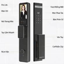Sơ đồ cấu tạo các tính năng thông minh trên khóa cửa gỗ Kenitsu SS9 như nhận diện khuôn mặt, vân tay và màn hình HD.