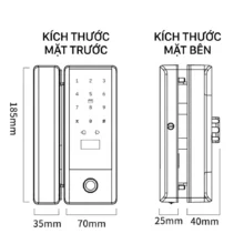 Sơ đồ kích thước lắp đặt tiêu chuẩn mặt trước và mặt bên của khóa cửa kính thông minh cho văn phòng.