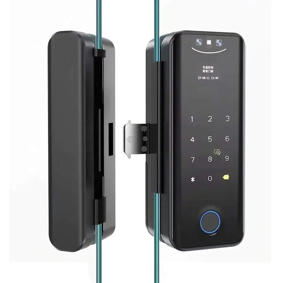 Khóa cửa kính nhận diện khuôn mặt Kenitsu SH9 Cao Khóa cửa kính thông minh Kenitsu SH9 xác thực bằng khuôn mặt nhận diện khuôn mặt và vân tay cao cấp nền trắng.