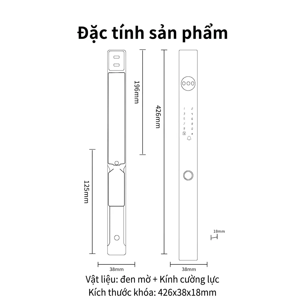 Sơ Đồ Khóa Cửa Nhôm Nhận Diện Khuôn Mặt App TTLock Kenitsu SR7 Sơ đồ cấu tạo và kích thước khóa cửa nhôm nhận diện khuôn mặt app TTLock Kenitsu SR7