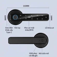 Kích thước chi tiết và cấu tạo khóa vân tay phòng ngủ Kenitsu TC60