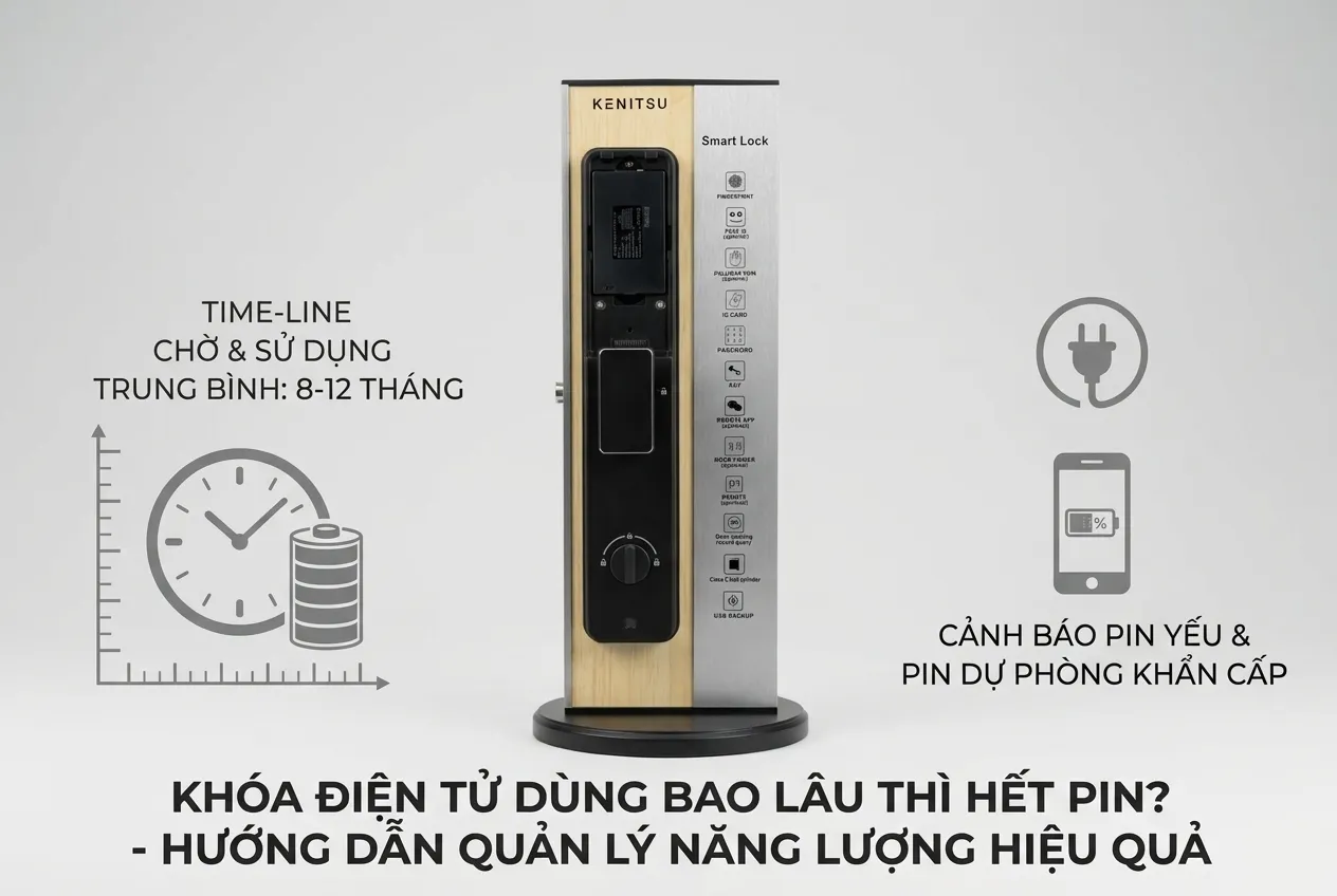 Khóa Điện Tử Dùng Bao Lâu Thì Hết Pin? 1 Thời gian sử dụng pin trung bình của khóa điện tử thông minh Kenitsu từ 8 đến 12 tháng