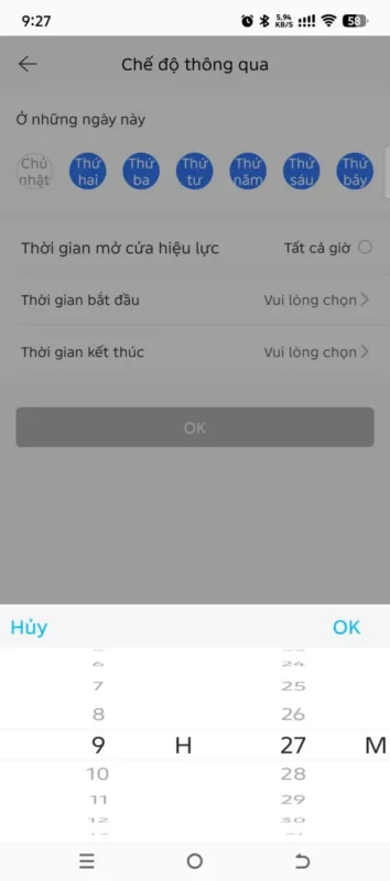 Giao diện cài đặt chế độ thông qua trên app TTLock