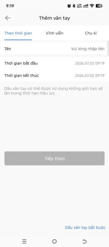 Các bước cấu hình và thiết lập dấu vân tay người dùng mới