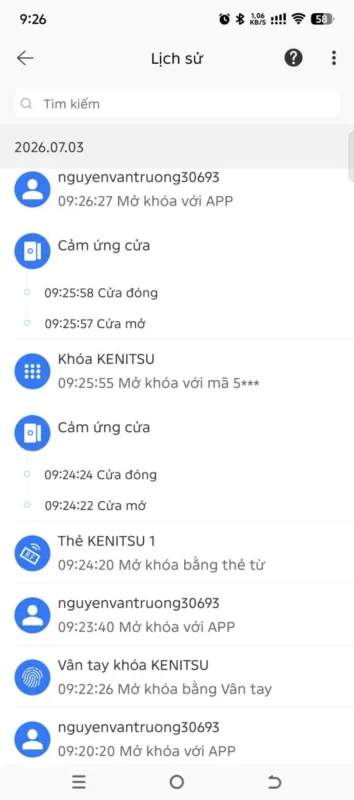 Nhật ký ghi nhận lịch sử đóng mở cửa trên ứng dụng TTLock