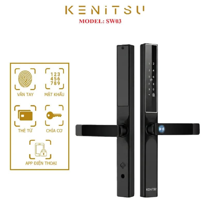 Khóa thông minh cho cửa nhôm Kenitsu SW03 tích hợp ứng dụng TTLock hiện đại màu đen.