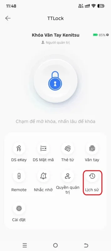 Khóa Vân Tay Có Lưu Lịch Sử Mở Cửa Không? 2 Mục Lịch sử trên ứng dụng TTLock của khóa vân tay Kenitsu