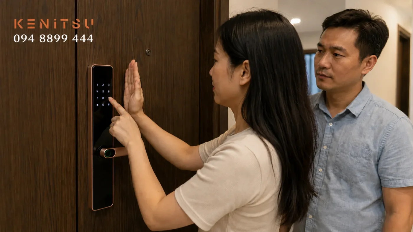 Mã số ảo khóa cửa là gì? 7 cách dùng an toàn 4 Người dùng che bàn phím khóa Kenitsu TA68 khi nhập mã số