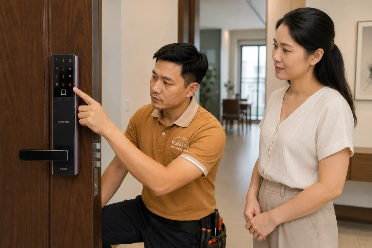 Kỹ thuật viên Kenitsu hướng dẫn khách hàng sử dụng khóa Samsung