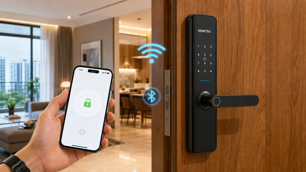 Khóa cửa chung cư mở từ xa: Nên chọn Wi-Fi hay Bluetooth? 1 Khóa cửa chung cư mở từ xa qua Wi-Fi và Bluetooth Kenitsu