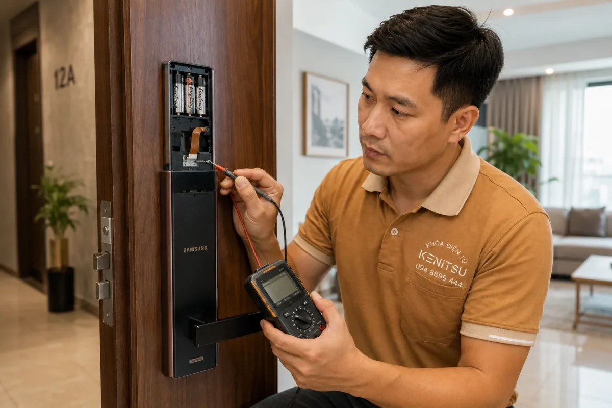 Kỹ thuật viên Kenitsu kiểm tra pin khi khóa cửa điện tử kêu liên tục