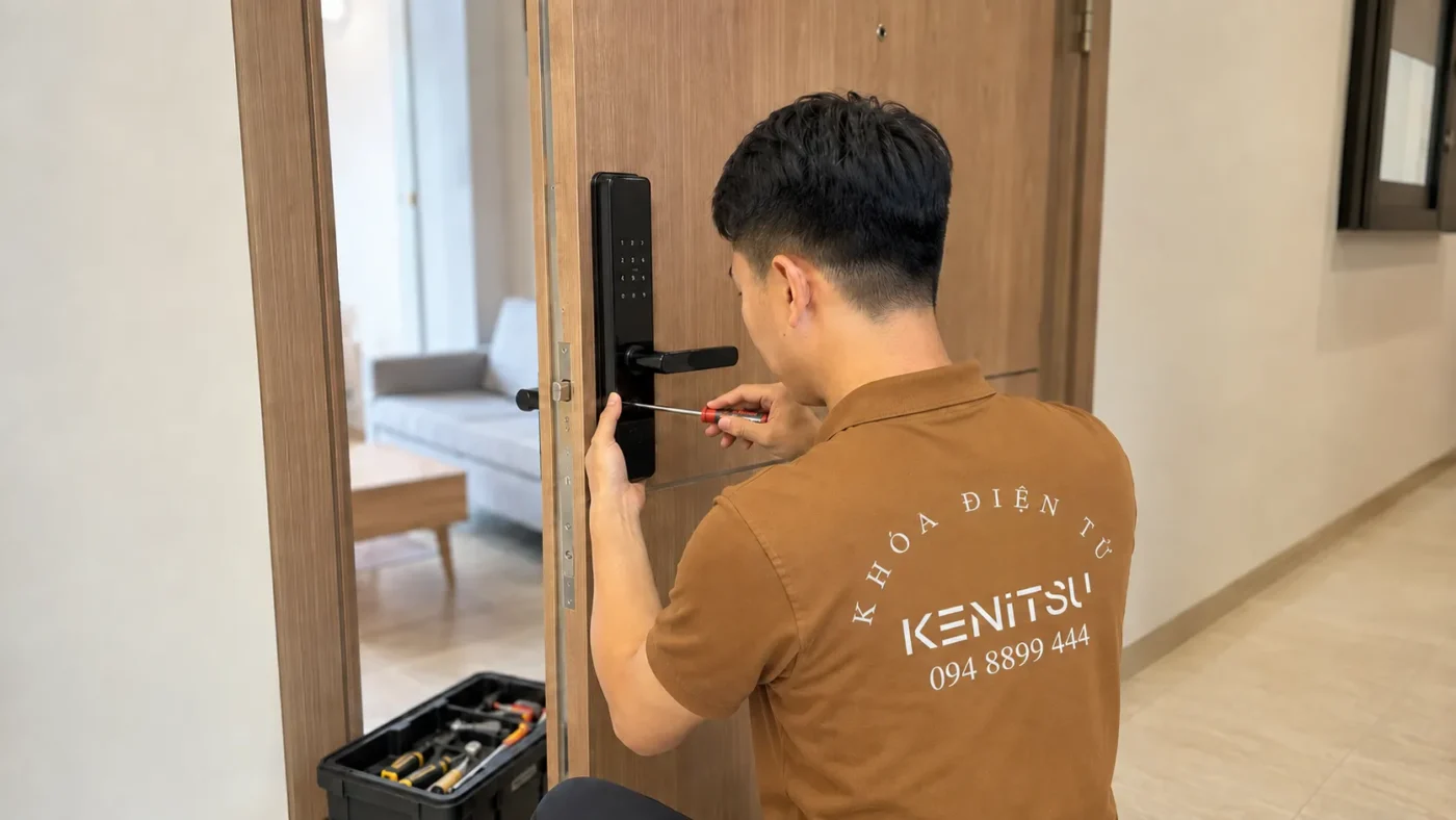Kỹ thuật viên lắp đặt khóa cửa căn hộ Kenitsu