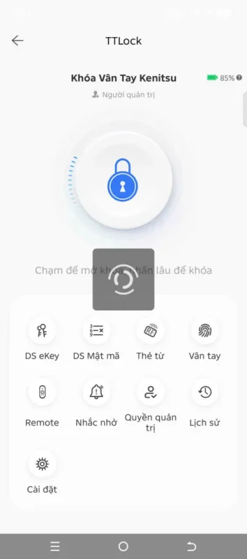 Giao diện ứng dụng TTLock quản lý khóa vân tay Kenitsu