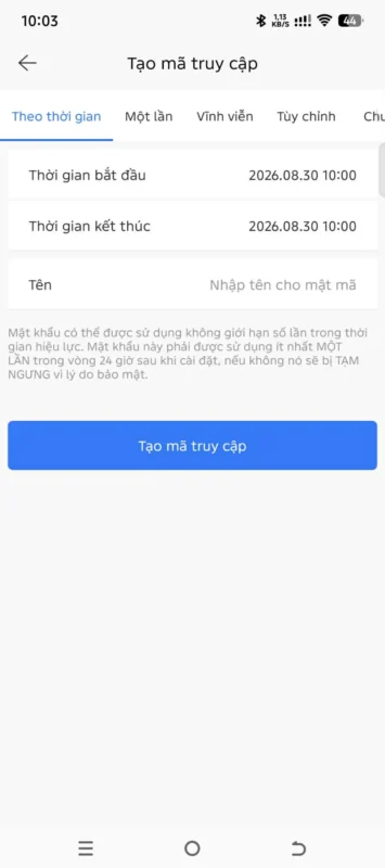 Tạo mã số theo thời gian cho người giúp việc trên TTLock