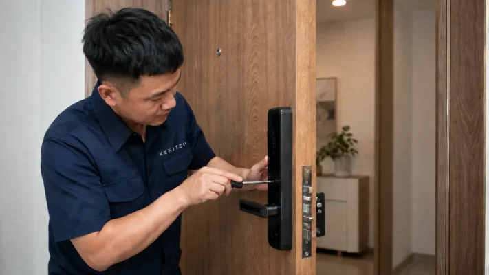 Kỹ thuật viên Kenitsu thay khóa cửa chung cư trên cửa gỗ căn hộ