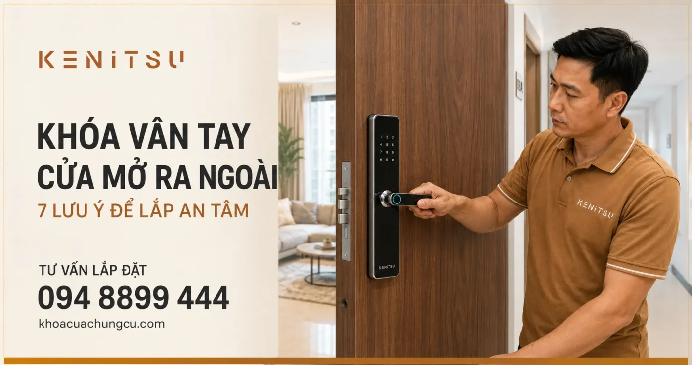 Kỹ thuật viên thao tác khóa vân tay cửa mở ra ngoài Kenitsu TT62 trên cửa căn hộ.