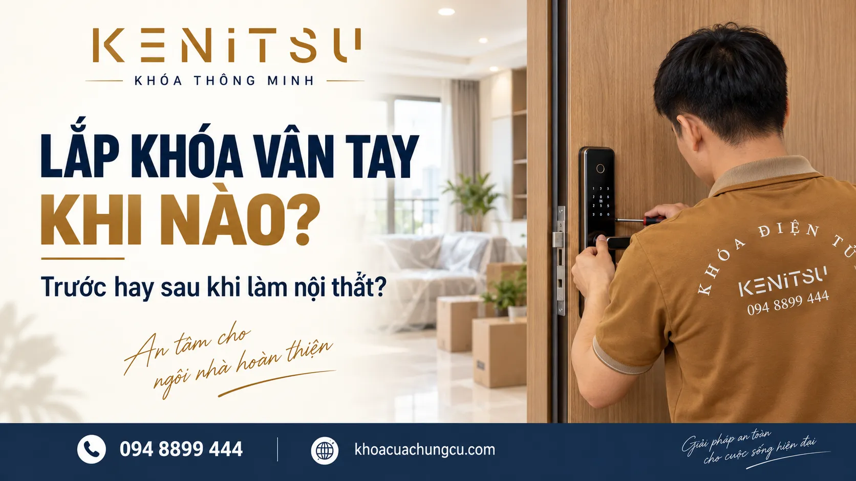 Lắp khóa vân tay khi nào – minh họa kỹ thuật viên Kenitsu lắp khóa tại căn hộ đang hoàn thiện.