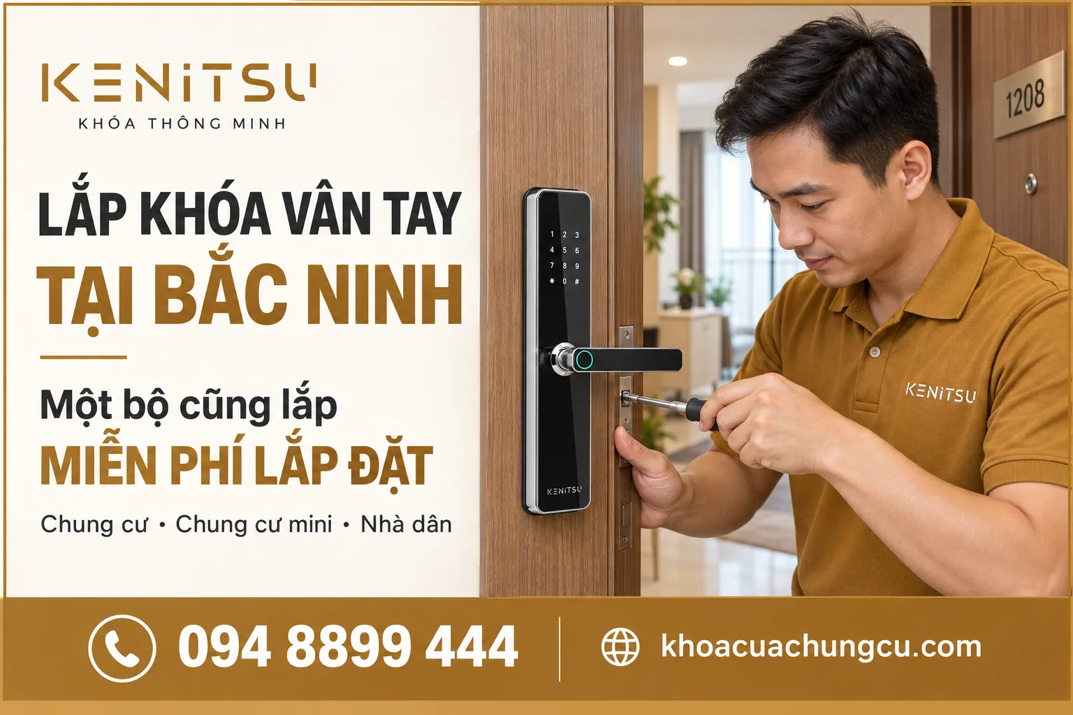 Ảnh minh họa kỹ thuật viên Kenitsu lắp khóa vân tay tại Bắc Ninh với mẫu TT62 trên cửa gỗ.