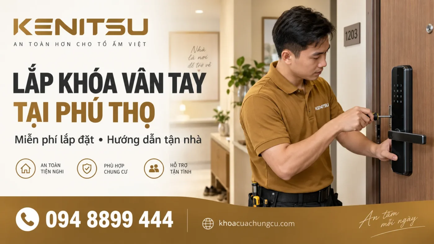 Minh họa dịch vụ lắp khóa vân tay tại Phú Thọ của Kenitsu cho cửa căn hộ