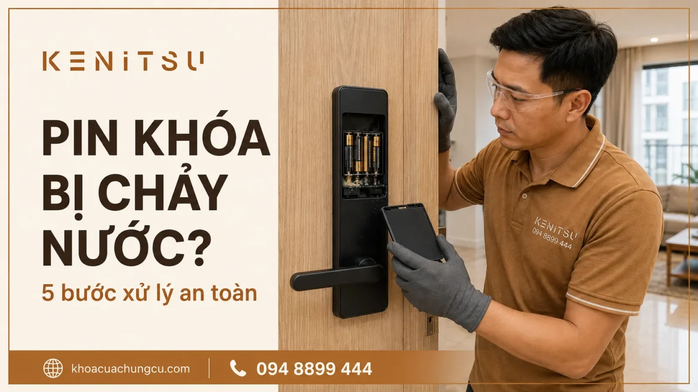 Minh họa kỹ thuật viên Kenitsu kiểm tra pin khóa bị chảy nước trên cửa căn hộ