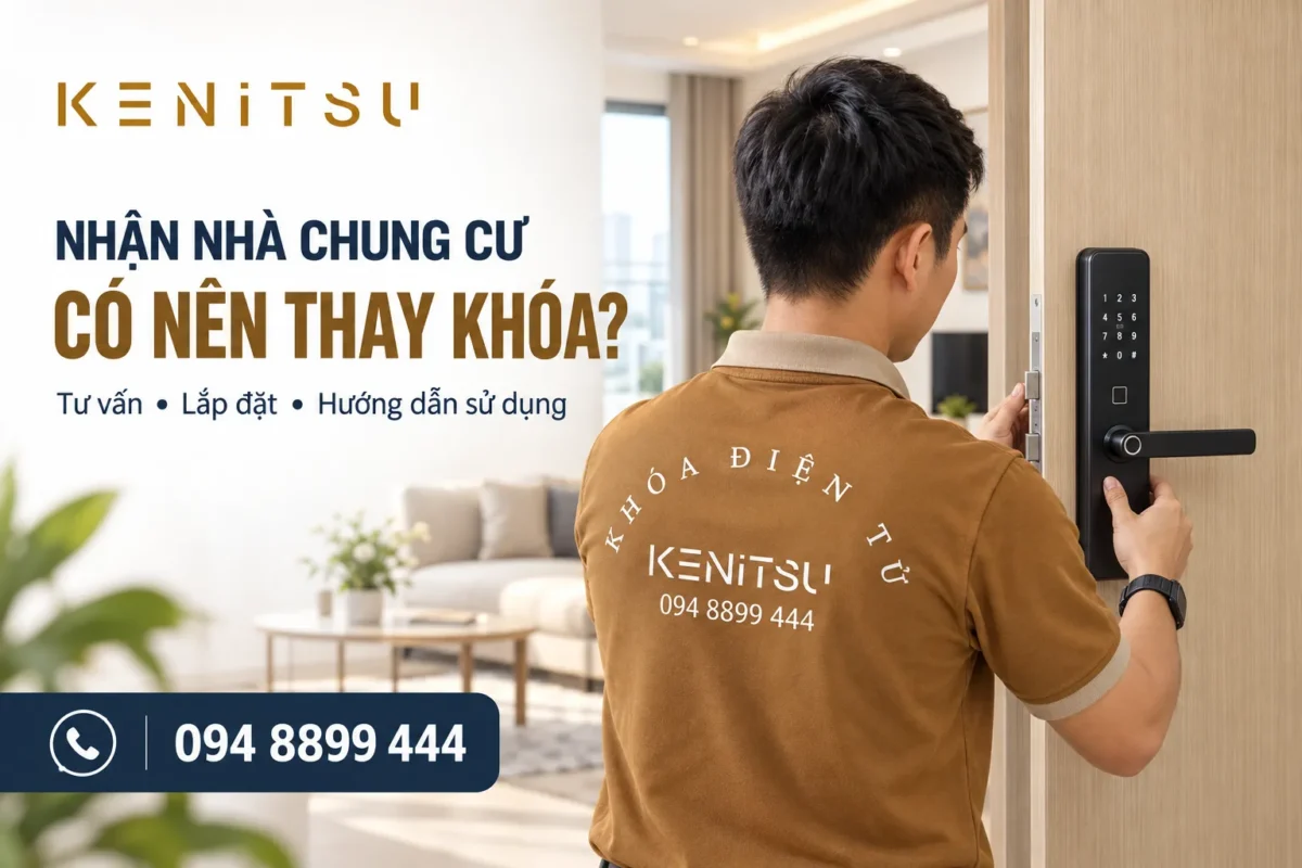 Minh họa kỹ thuật viên Kenitsu thay khóa khi nhận nhà chung cư.