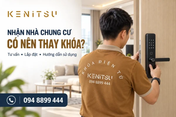 Minh họa kỹ thuật viên Kenitsu thay khóa khi nhận nhà chung cư.