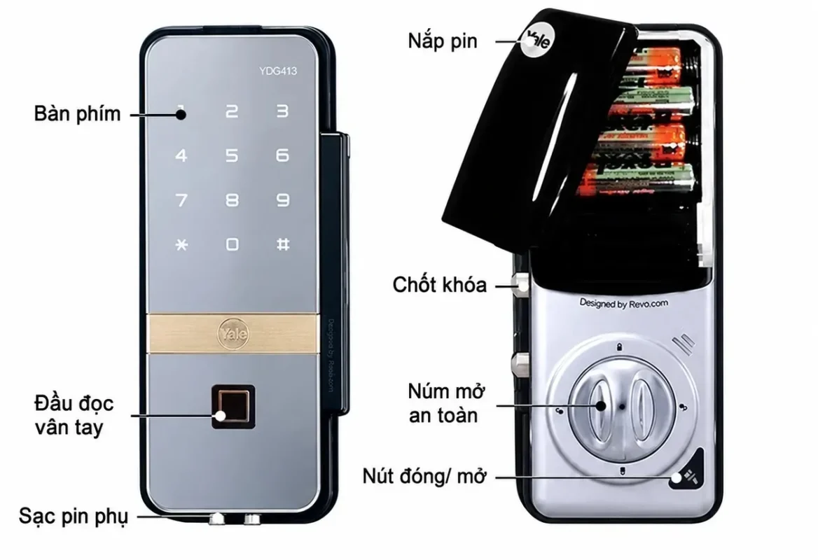 Cài đặt khóa Yale YDG413A: Hướng dẫn chi tiết 2 Sơ đồ bàn phím, cảm biến vân tay, khoang pin và núm mở bên trong của khóa Yale YDG413A