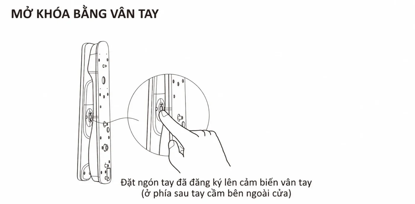 Đặt ngón tay đã đăng ký lên cảm biến phía sau tay cầm ngoài khóa Bosch EL800VF