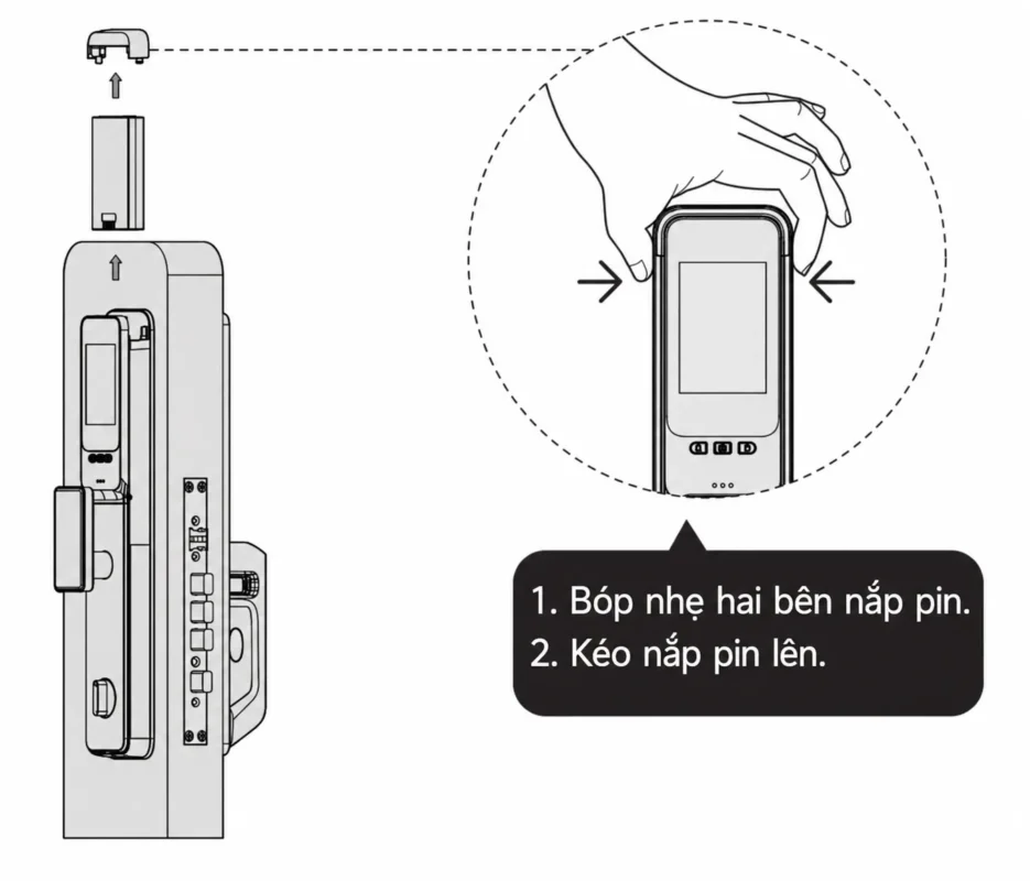 Cài đặt khóa Kaadas Q9: 10 mục hướng dẫn dễ làm 4 Bóp nhẹ hai bên và kéo nắp pin Kaadas Q9 lên để tiếp cận bộ pin phía trong.