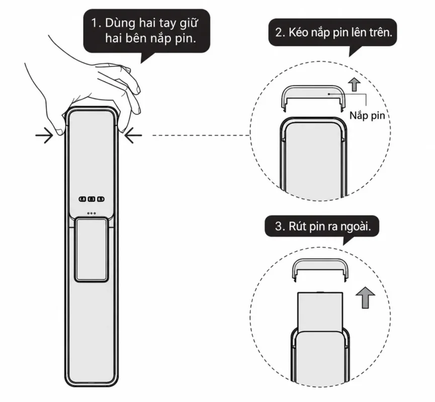 Cài đặt khóa Kaadas Q3: Vân tay, mật khẩu và thẻ từ 5 Ba bước tháo pin Kaadas Q3: giữ hai bên nắp pin, kéo nắp lên và rút pin ra.