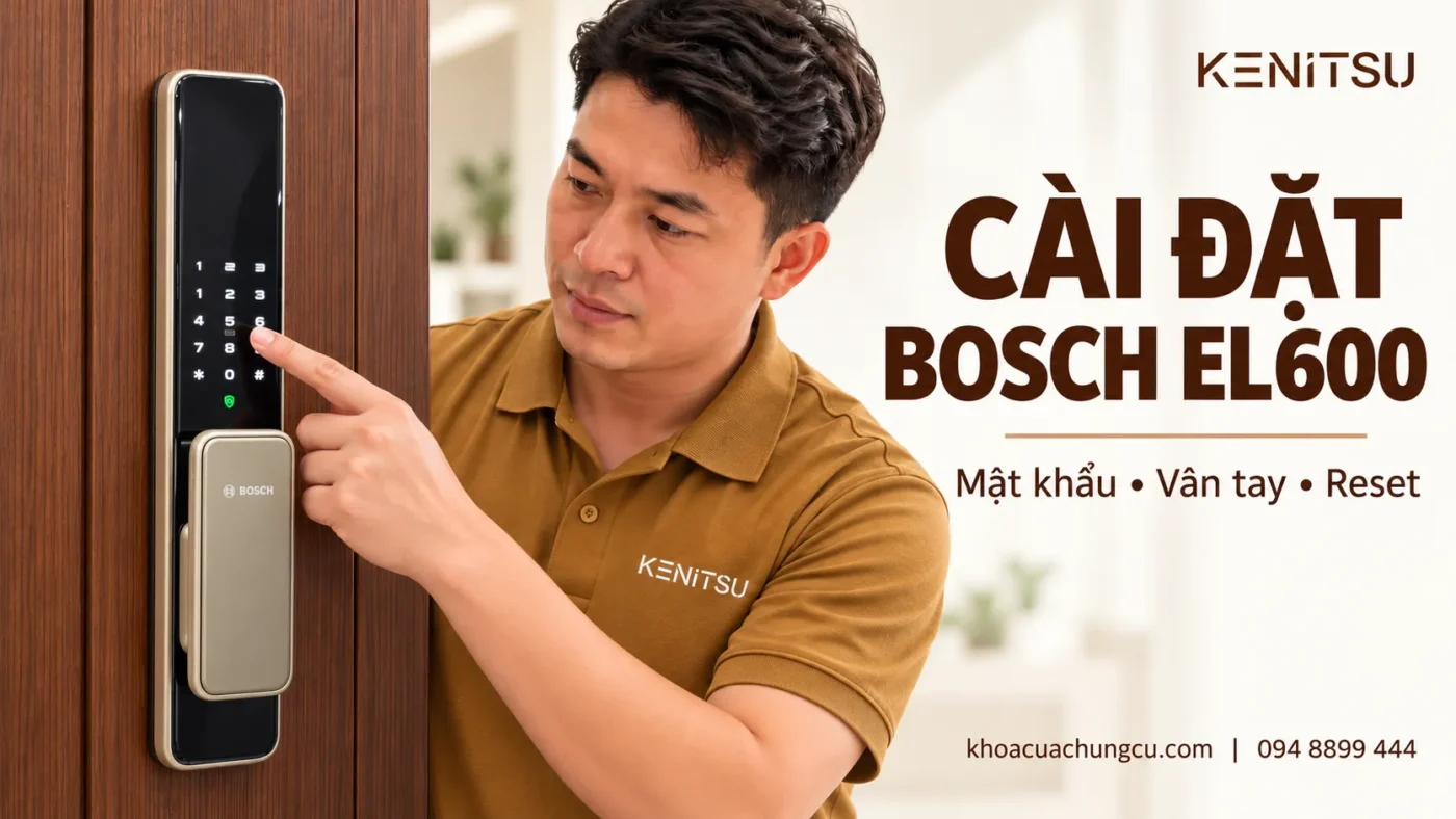 Kỹ thuật viên Kenitsu hướng dẫn cài đặt khóa Bosch EL600 trên cửa gỗ.