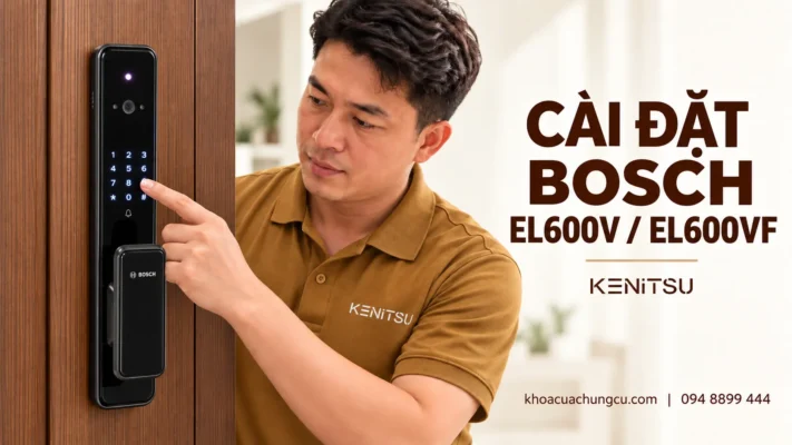 Minh họa cài đặt khóa Bosch EL600V và EL600VF trên cửa gỗ với kỹ thuật viên Kenitsu.