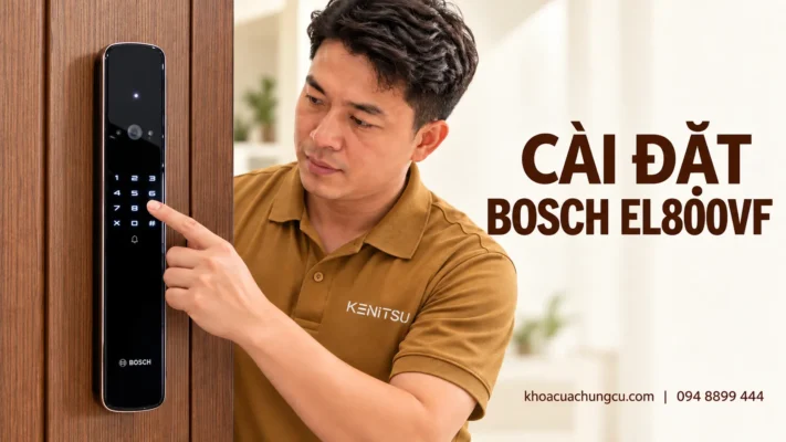 Minh họa kỹ thuật viên Kenitsu cài đặt khóa Bosch EL800VF trên cửa gỗ
