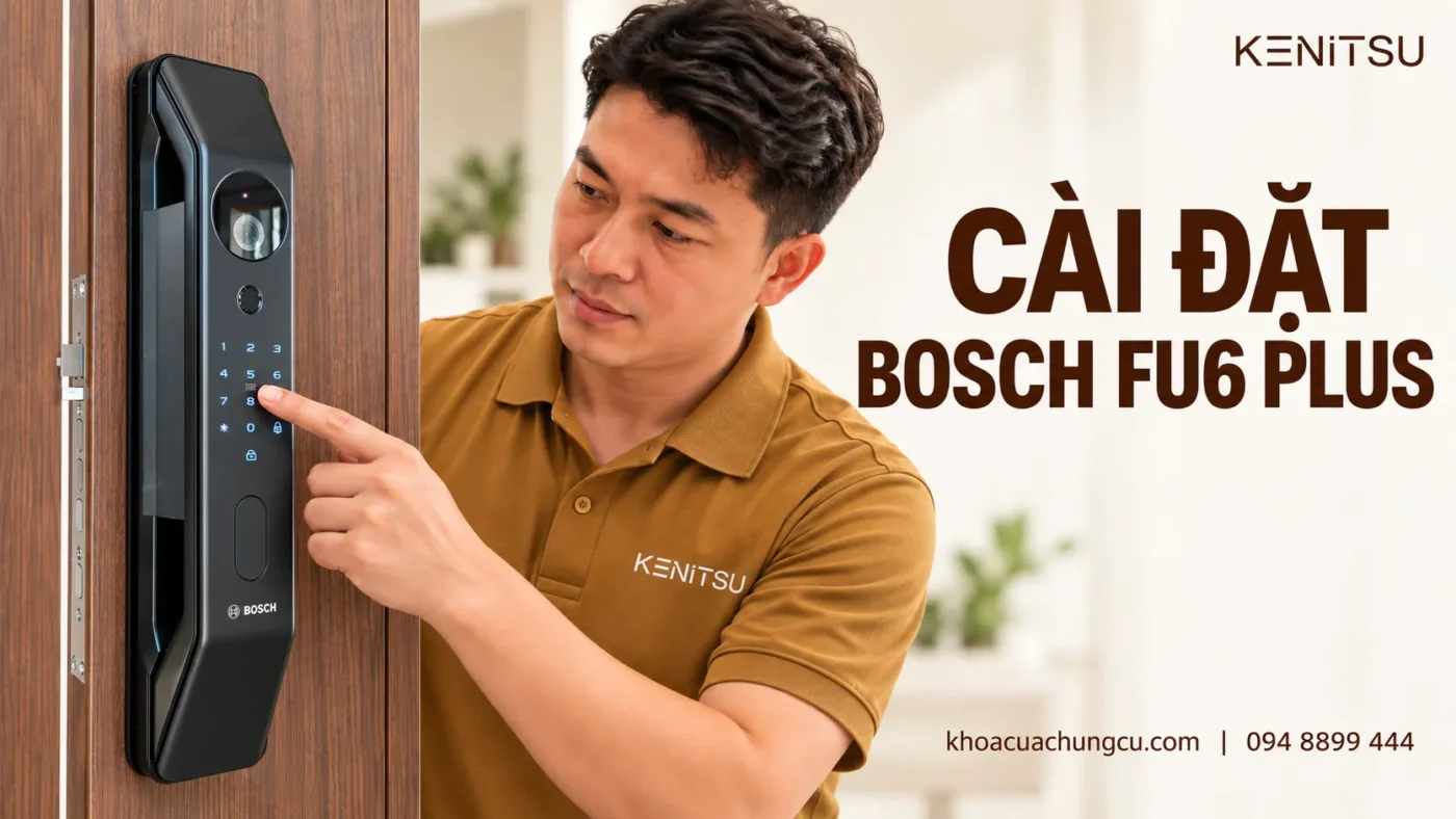 Minh họa kỹ thuật viên Kenitsu hướng dẫn cài đặt khóa Bosch FU6 Plus trên cửa gỗ.