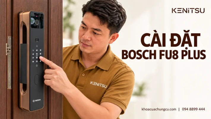 Kỹ thuật viên Kenitsu hướng dẫn cài đặt khóa Bosch FU8 Plus trên cửa gỗ.