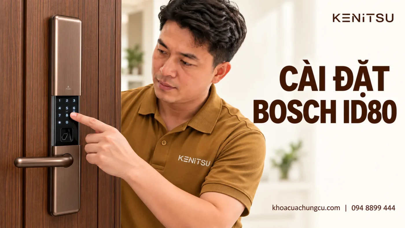 Cài đặt khóa Bosch ID80: Hướng dẫn chi tiết, dễ làm 1 Kỹ thuật viên Kenitsu minh họa cài đặt khóa Bosch ID80 trên cửa gỗ.
