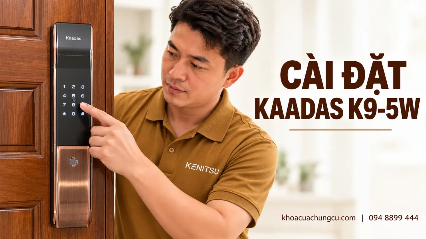 Cài đặt khóa Kaadas K9-5W: Hướng dẫn chi tiết 1 Nhân viên Kenitsu hướng dẫn cài đặt khóa Kaadas K9-5W trên cửa gỗ.