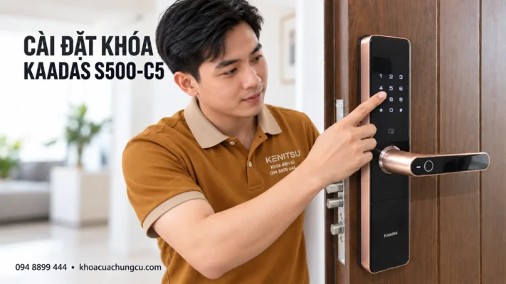 Minh họa nhân viên Kenitsu hướng dẫn cài đặt khóa Kaadas S500-C5 trên cửa gỗ.