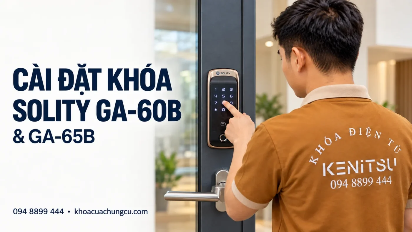 Cài đặt khóa Solity GA-60B, GA-65B: Hướng dẫn chi tiết 1 Kỹ thuật viên Kenitsu thao tác cài đặt khóa Solity GA-60B trên cửa nhôm kính.