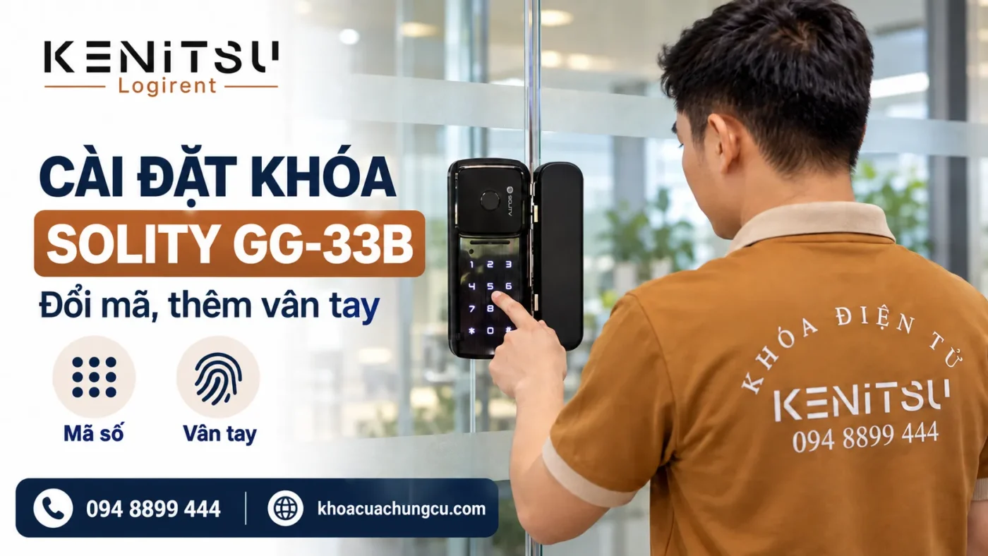 Kỹ thuật viên Kenitsu hướng dẫn cài đặt khóa Solity GG-33B trên cửa kính.