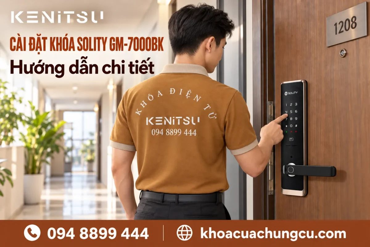 Minh họa nhân viên Kenitsu hướng dẫn cài đặt khóa Solity GM-7000BK trên cửa căn hộ.