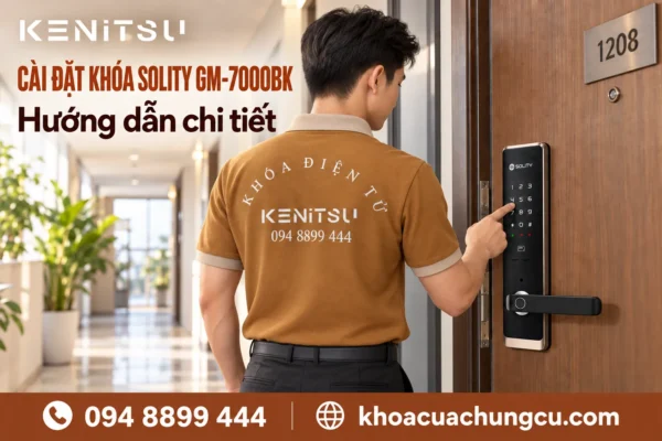 Minh họa nhân viên Kenitsu hướng dẫn cài đặt khóa Solity GM-7000BK trên cửa căn hộ.