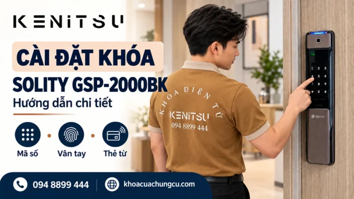 Minh họa kỹ thuật viên Kenitsu hướng dẫn cài đặt khóa Solity GSP-2000BK trên cửa gỗ.