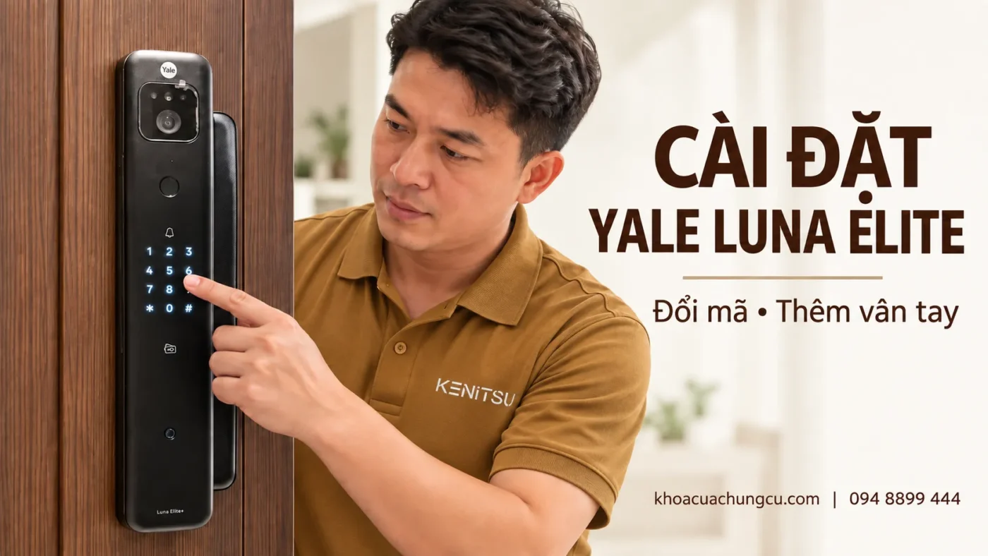 Cài đặt khóa Yale Luna Elite: Đổi mã, thêm vân tay 1 Minh họa kỹ thuật viên Kenitsu cài đặt khóa Yale Luna Elite trên cửa gỗ